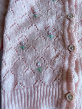 Vintage Y2K Pride & Joy Pink Pointelle Knit Floral Cardigan Sweater 2T/3T
